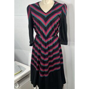 Vintage Goodbye Folk chevron Striped knit Dress fit and flare Retro black purple